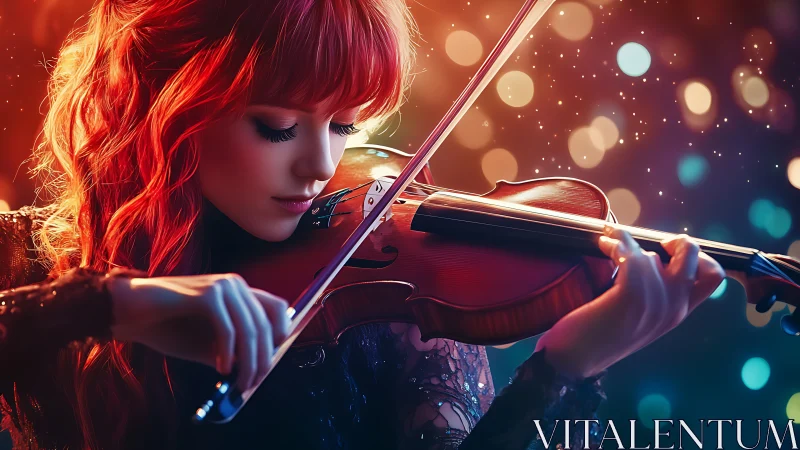 Red-haired violinist in glowing bokeh dreamscape performance.