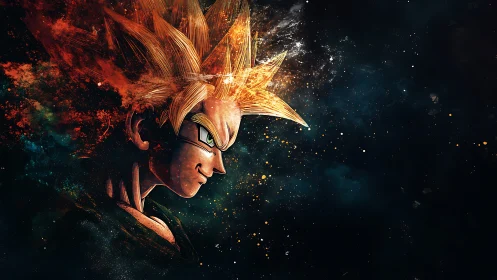 Energetic anime warrior portrait with fiery particle dispersion