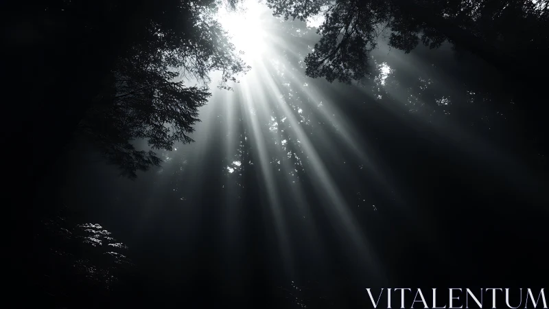 Sunbeams pierce dense forest canopy in high-contrast chiaroscuro.
