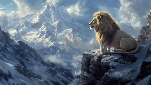 Majestic lion resting above sunlit winter mountain peaks.