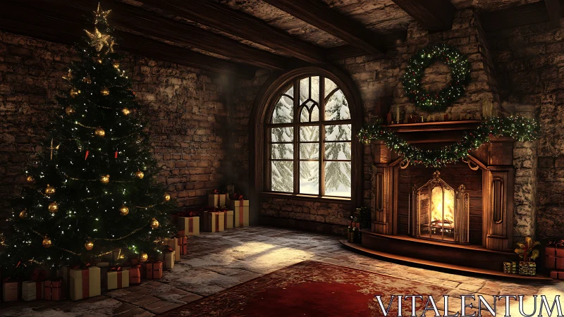 Rustic stone living room with festive tree and fireplace.
