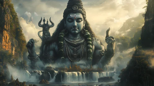 Colossal Shiva deity emerging above misty waterfall realm.