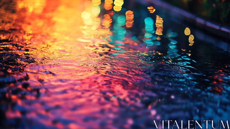 Defocused colored light reflections extend across rippled water