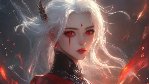 White haired demon girl stares forward with burning red eyes