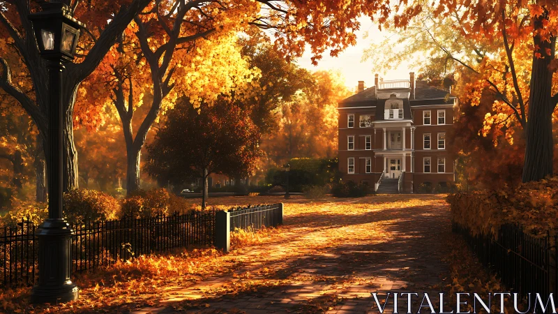 Grand brick home glowing along a golden autumn lane.