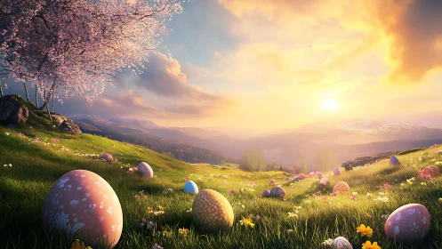 Digitally rendered hillside with patterned egg forms at sunrise