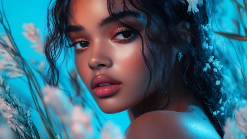 Soft blue glow surrounds a serene woman in dreamy florals