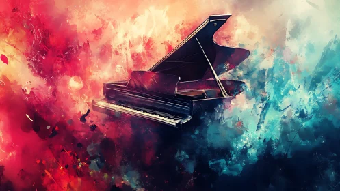 Grand piano floating in abstract red and blue storm of color.