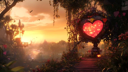 Mechanical Heart Glows in Sunset's Embrace: Dystopian Love.