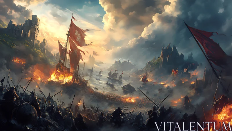 Panoramic medieval naval siege rendered with dynamic atmospheric lighting