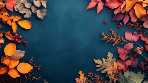 Warm autumn leaves gently frame a calm teal background