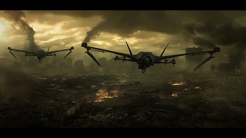 Autonomous drones advance over ruined urban battlefield