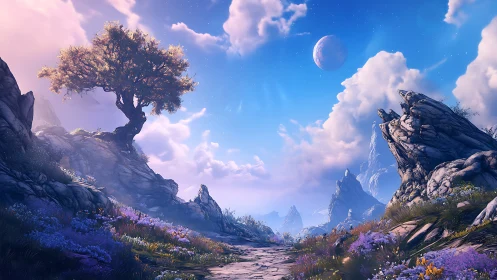 Fantasy mountain path under alien sky with lone tree.