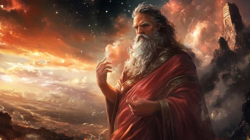 Ancient bearded deity in stormy golden sunset sky scene.