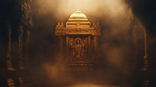 Gilded Dravidian shrine with central deity in volumetric light