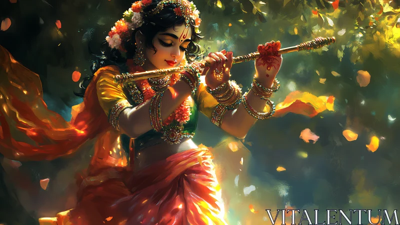 Digital painting of ornate flutist in luminous floral drapery