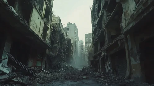 War torn city street lined with ruined concrete buildings.