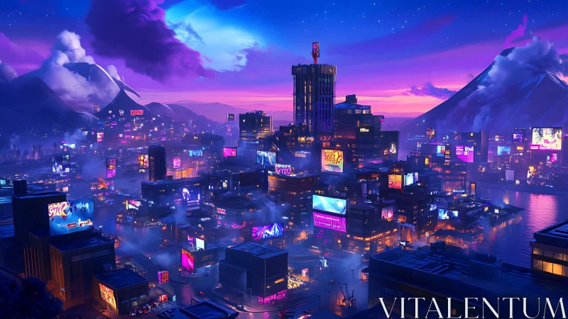 Neon-lit cyberpunk harbor city under volcanic mountains at dusk
