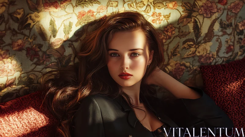 Velvet daylight muse reclining in floral shadowplay portrait.