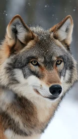 Grey wolf portrait under falling snow in winter forest.
