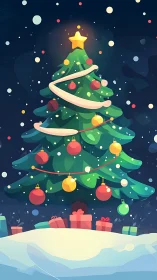 Stylized Christmas tree illustration with ornaments and gifts