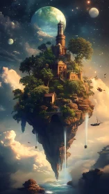 Floating island tower under planets in luminous sky.