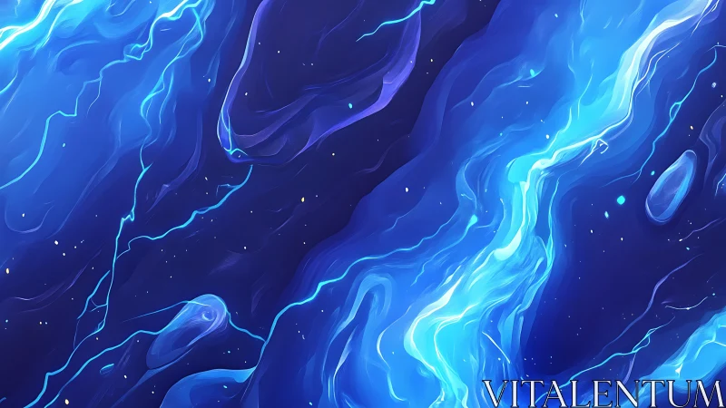 Rivers of glowing blue light drift gently across deep space