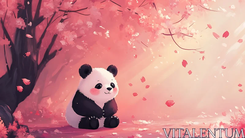 Pastel panda resting beneath luminous cherry blossoms.
