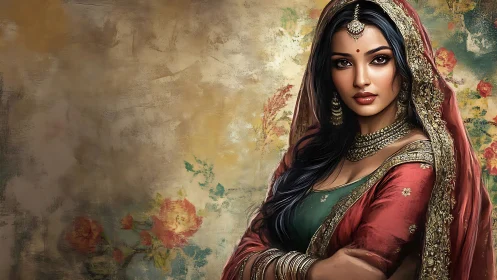 Elegant Indian Woman in Traditional Attire, Digital Art Portrait.