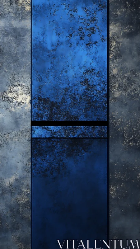 Midnight cobalt monolith with weathered metallic secrets.