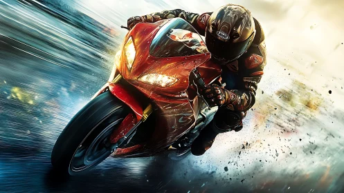 High-speed superbike lean with motion blur and road debris