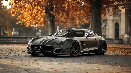 Matte silver supercar prowls through amber autumn silence.