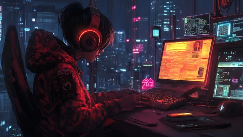 Neon-lit cyberpunk coder immersed in high-tech nightscape.