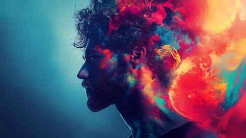Profile portrait with colorful abstract particle effects.