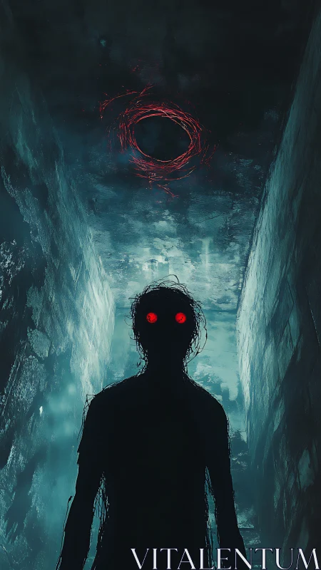 Shadow entity in cyan corridor under swirling red halo.