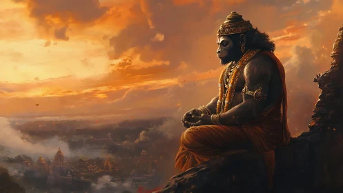 Serene monkey deity in golden sunset above misty temples.