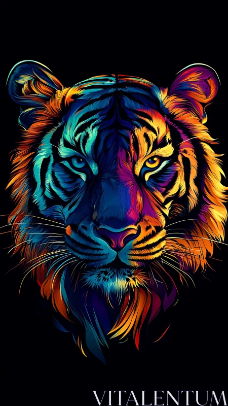 Neon tiger portrait glows in bold multicolor strokes.