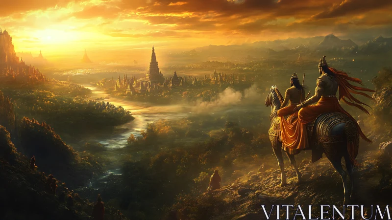 Sun-draped riders pause above a mythic river kingdom’s glow