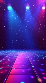 Illuminated tiled stage floor under colored spotlights at night.