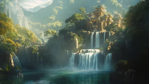 Golden cliffside temple welcomes misty waterfall morning