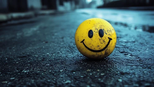 Photorealistic wet street study with worn yellow smile sphere.
