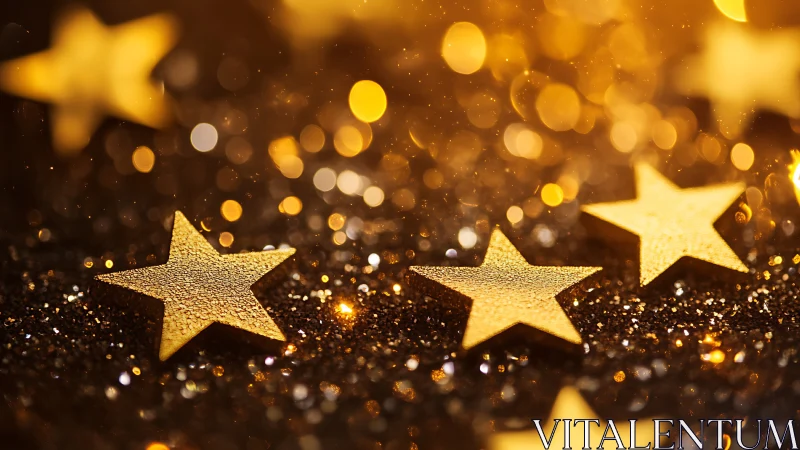 Golden stars rest on glitter surface under warm bokeh glow