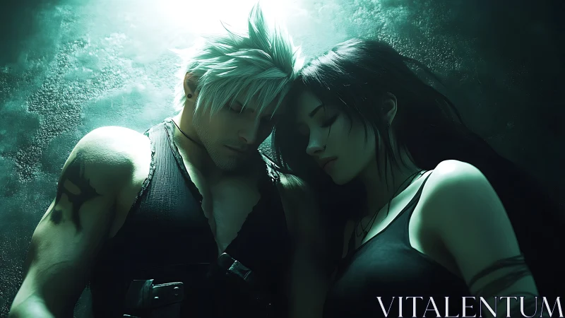 Two figures positioned in close proximity against teal-filtered atmospheric background.