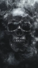 Dark human skull emerges from swirling ethereal smoke.