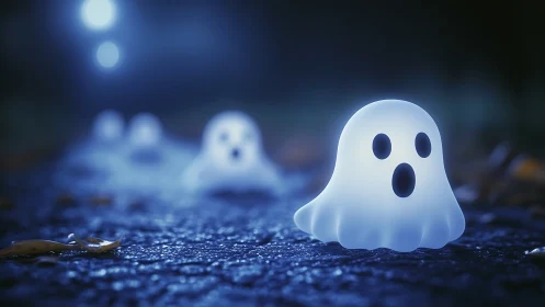 Glowy little ghosts wandering a midnight blue pathway.