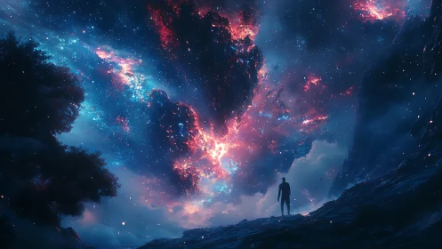Lone silhouette watches cosmic nebula ignite night sky.