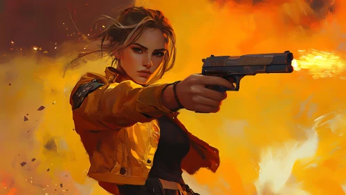 Female subject extends handgun amid stylized fire burst