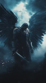 Brooding winged warrior pauses beneath a stormlit sky