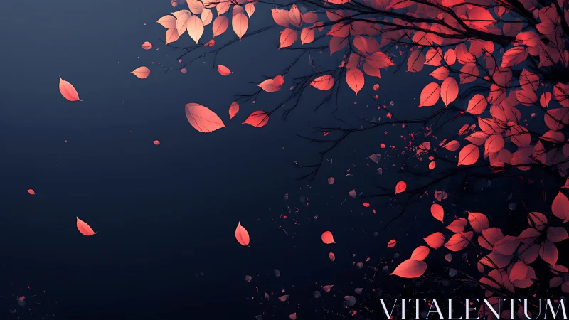 Spectral red foliage dispersing over deep negative space field.