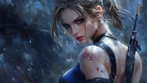 Battle-hardened female soldier with rifle in heavy rain.